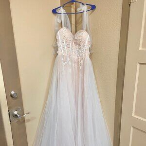 White & Cream Lace Corset Top A-Line Body Dress with Flower and Pearl Details